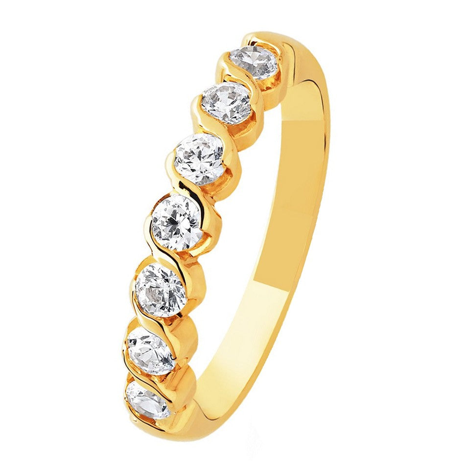 Alliance demi-tour zirconias, serti S, en or jaune 18 carats
