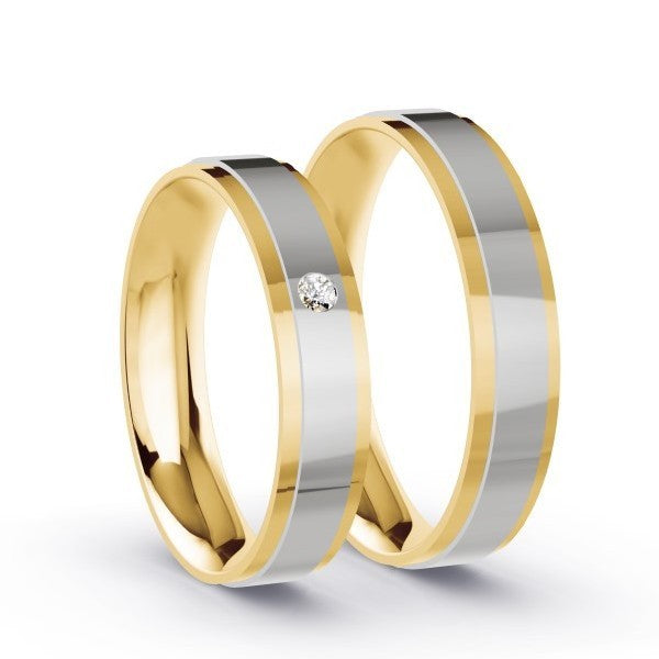 Duo d'alliances bicolores, 2 niveaux, en or jaune, or blanc et diamant (1443217702964)