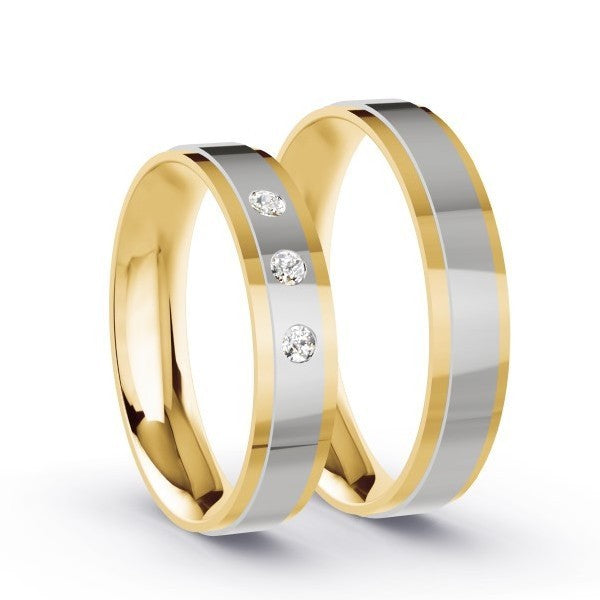 Duo d'alliances bicolores, 2 niveaux, en or jaune, or blanc et diamant (1443331670068)